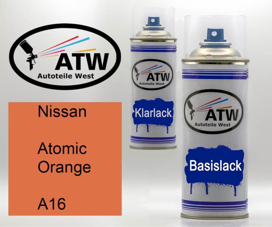 Nissan, Atomic Orange, A16: 400ml Sprühdose + 400ml Klarlack - Set, von ATW Autoteile West.